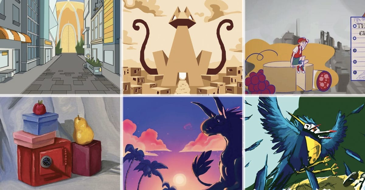 a combination of 6 images of art, animation and video game development